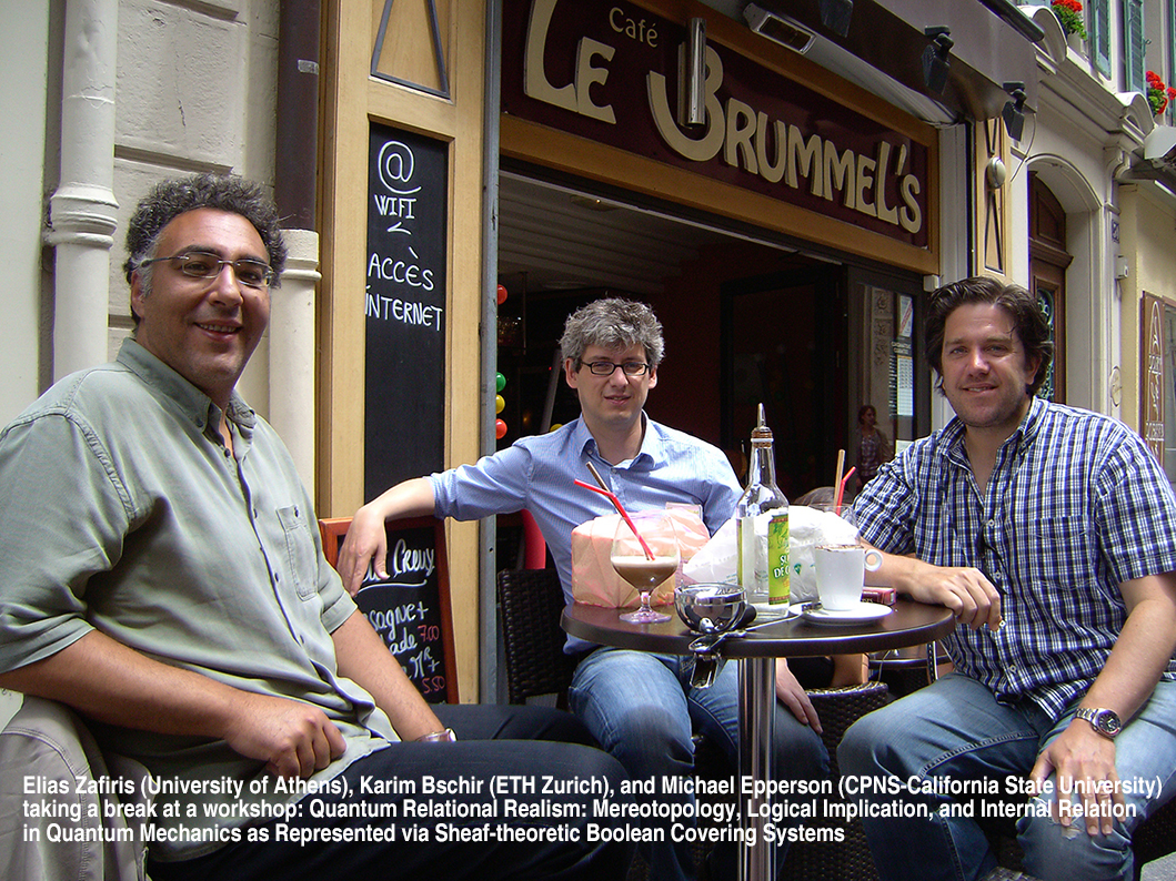 Elias Zafiris (University of Athens), Karim Bschir (ETH Zurich), and Michael Epperson (CPNS-California State University) taking a break at a workshop: Quantum Relational Realism: Mereotopology, Logical Implication, and Internal Relation in Quantum Mechanics as Represented via Sheaf-theoretic Boolean Covering Systems